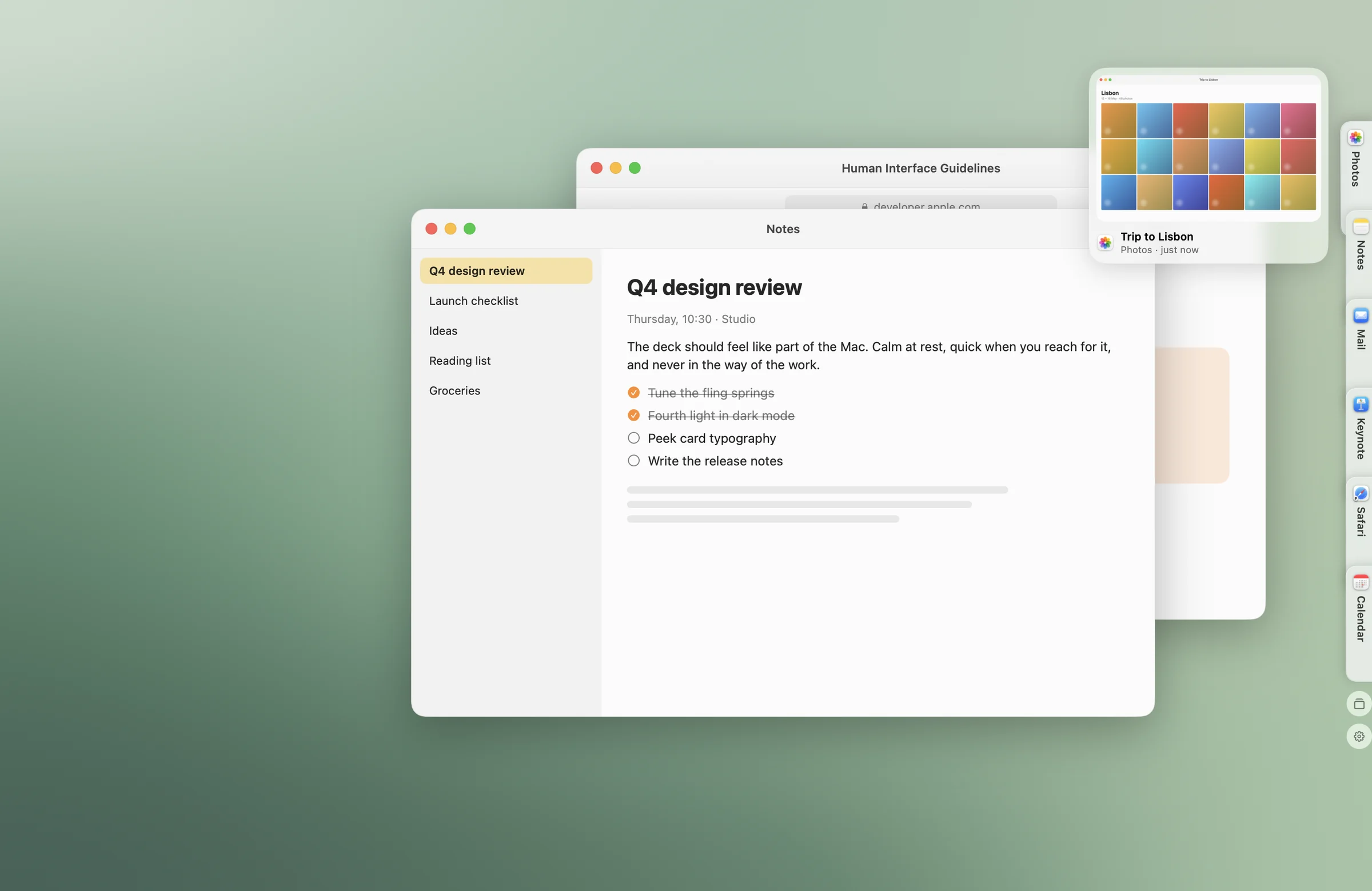 Dock’s tabs and a window preview on the edge of a Mac desktop.