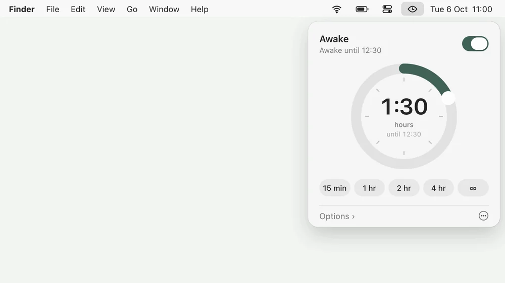 Awake’s icon in the menu bar is clicked and its panel opens beneath it. The dial turns from off to one and a half hours.