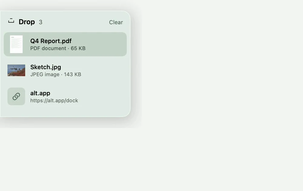 A PDF is dragged to the top-left corner. Drop opens, catches it and adds it to the shelf.